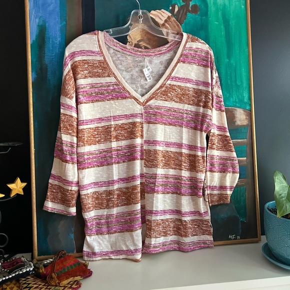 Tribal Jeans Chic Striped V-Neck Blouse in Cream, Brown, and Pink Small - Picture 4 of 16